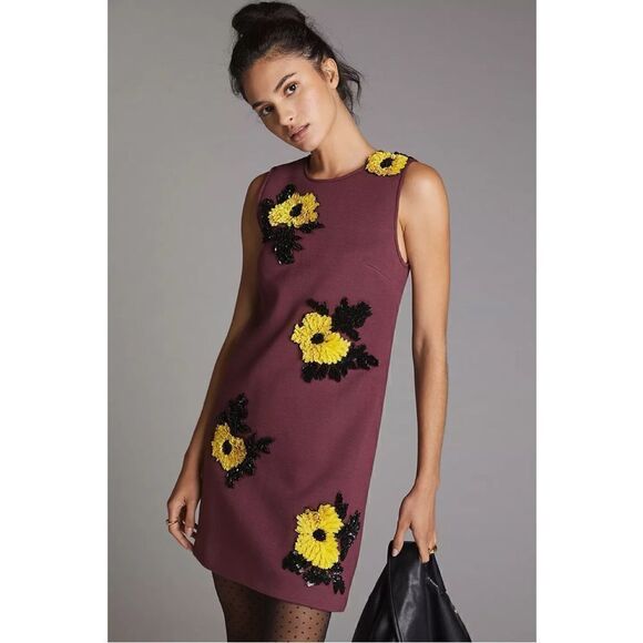 NEW Anthropologie Dhruv Kapoor Sunflower Floral Sequined Shift Mini Dress Medium - Picture 1 of 4
